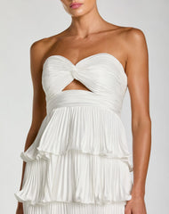 White Pleated Charmeuse Strapless Tiered Ruffle Gown