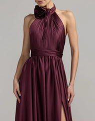 Purple Halter Neck Open Back Satin Gown With Slit