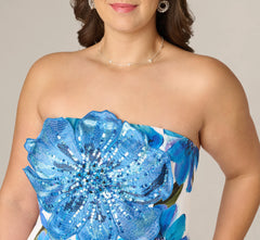 Plus Size Strapless 3D Floral Beaded Dupioni Gown In Ivory Blue Multi