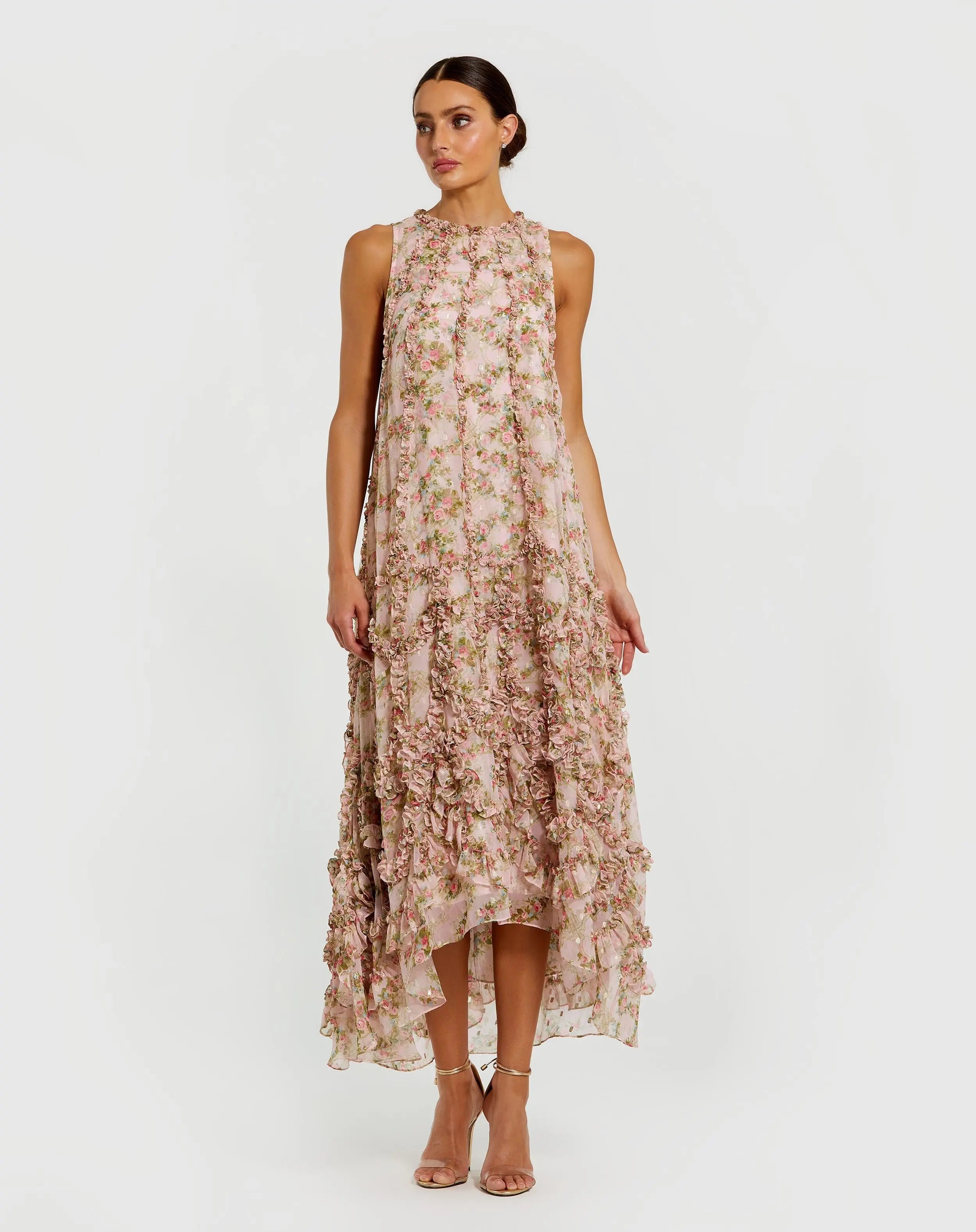 Sleeveless Floral Chiffon Micro Ruffle Midi Dress