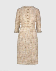 Beige Beaded Trim Boucle Midi Dress with 3/4 Sleeves
