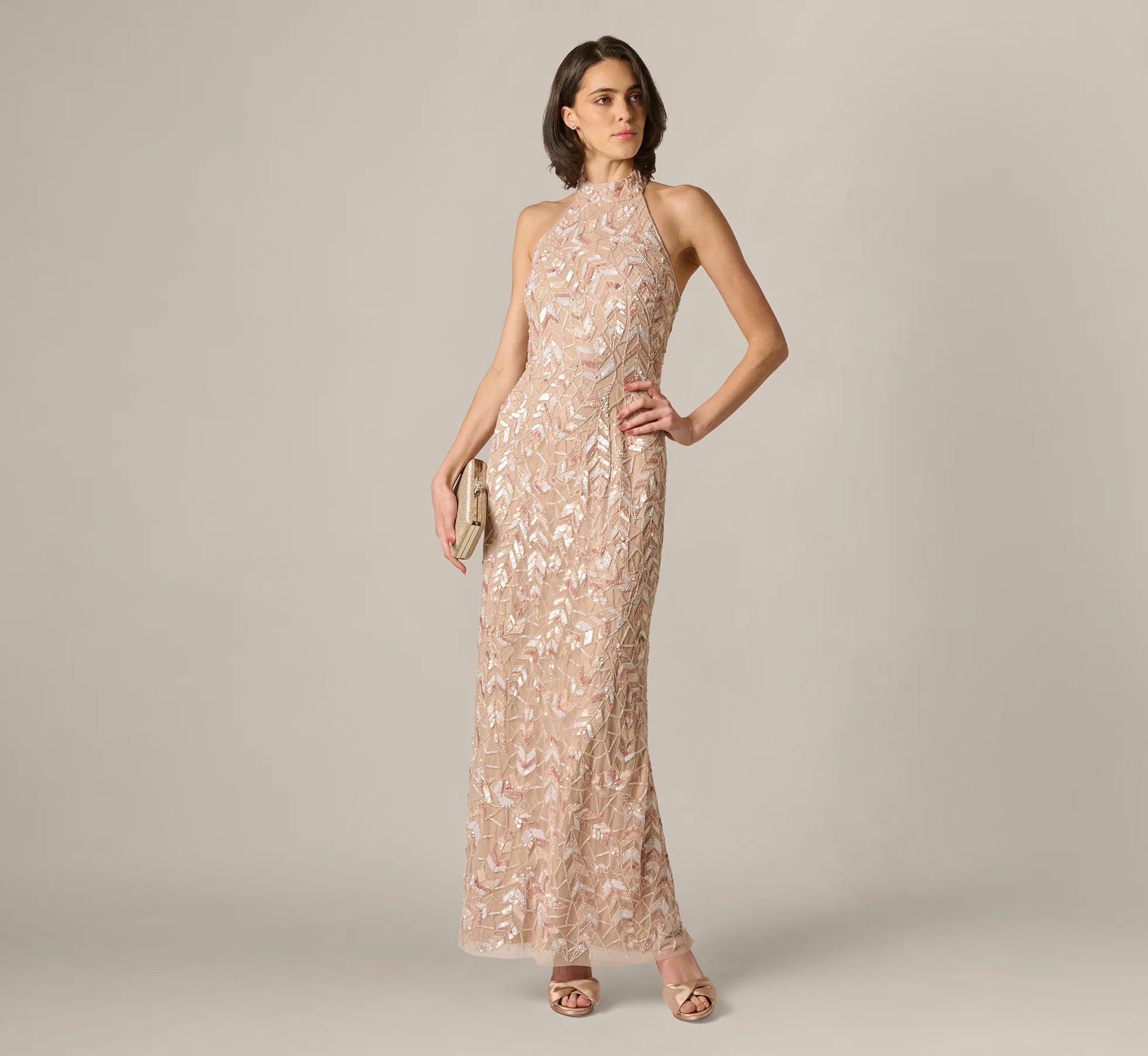 Sequin Beaded Leaf Halter Gown In Rose Quartz