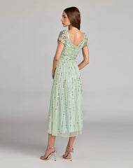 Green Sequin Jeweled V Neck Midi Dress