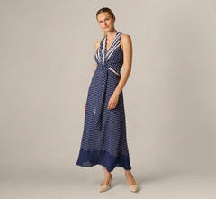 Dot Print Chiffon Halter Maxi Dress With Sash Waist In Navy Ivory