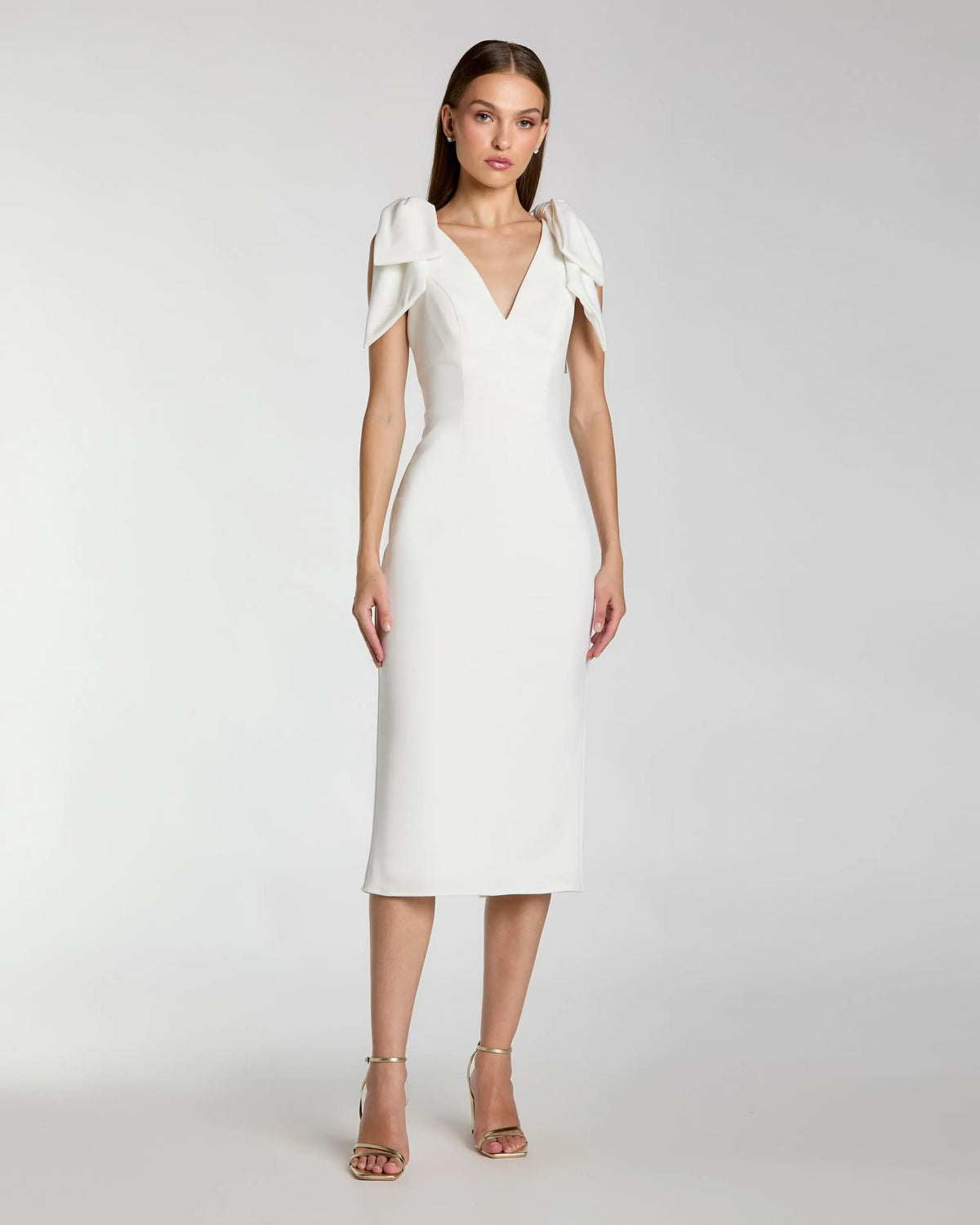 Bow Strap Crepe Fitted Midi Dress