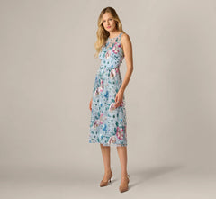 Sequin Beaded Floral Embroidery Illusion Midi Dress In Blue Multi
