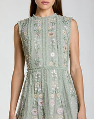 Green Sleeveless High Neck Embroidered Mini Dress