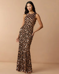 Brown Sequin Embellished Sleeveless Gown With Beaded Fringe