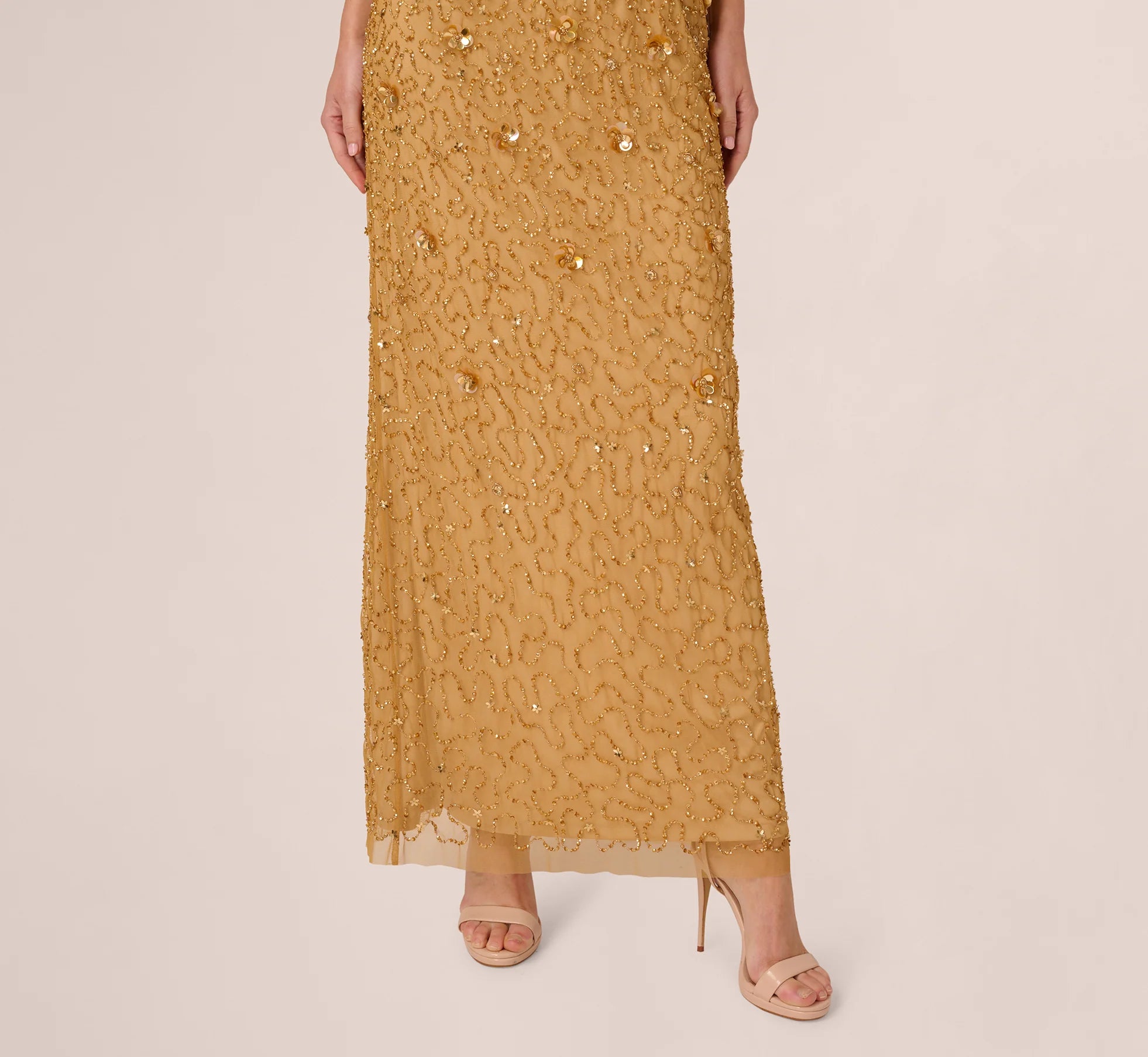 Sleeveless V Neck 3D Floral Beaded Gown In Golden Ray