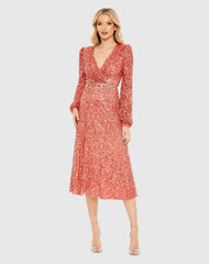 Red Sequined Puff Sleeve Wrap Over A Line Dress - FINAL SALE