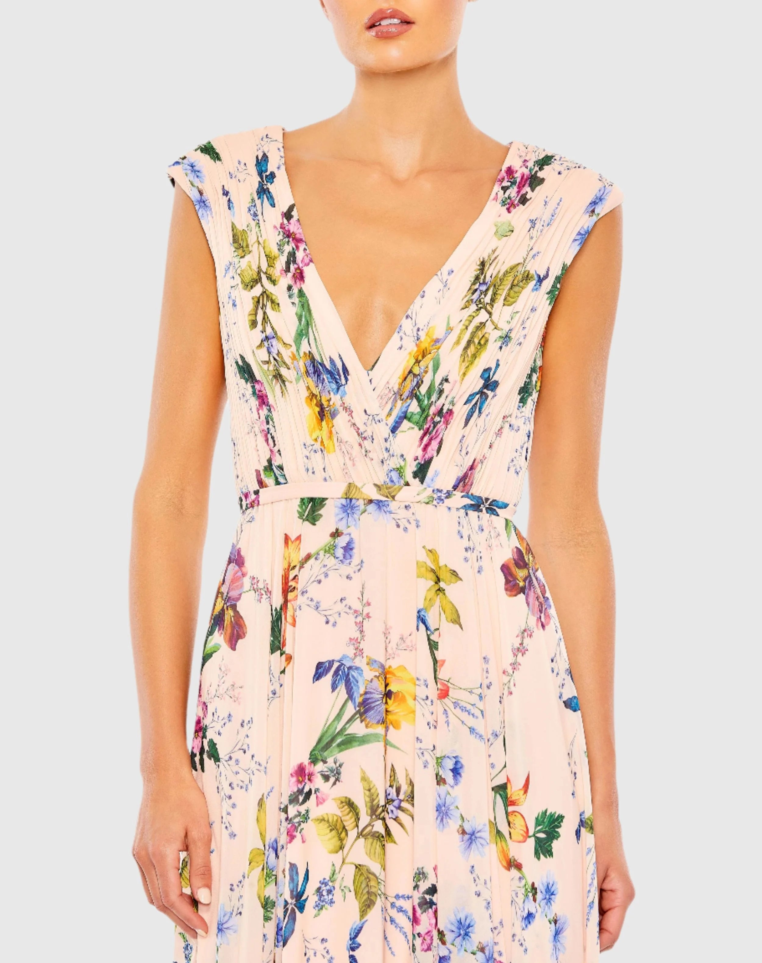 Pink Multicolor Pleated Floral Cap Sleeve A Line Gown