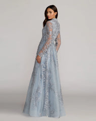 Blue Embroidered V-Neck Long Sleeve Gown