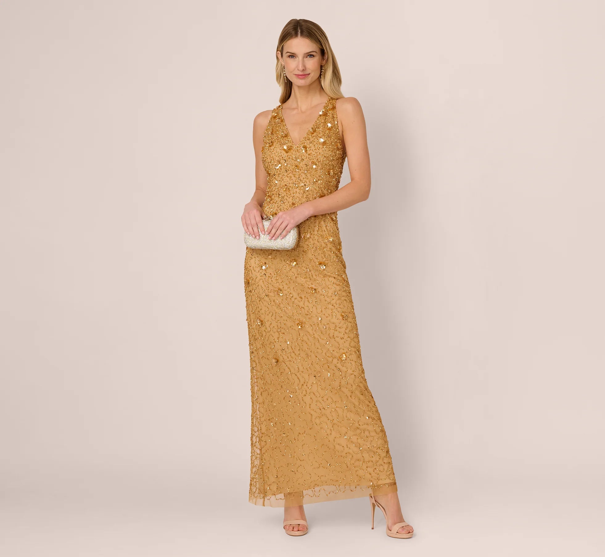 Sleeveless V Neck 3D Floral Beaded Gown In Golden Ray