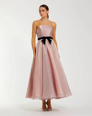 Polka Dot Organza Strapless Midi Dress With Velvet Bow