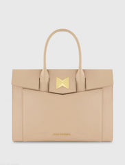 Beige Large Leather Briefcase Bag With Gold Hardware
