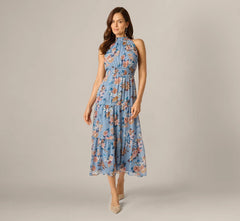 Floral Meta Chiffon Tiered Halter Midi Dress In Blue Multi