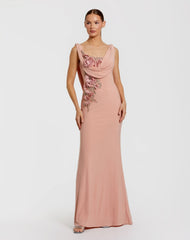 Sleeveless Jersey Cowl Neck Gown With Beading