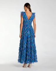 Blue Floral V-Neck Ruffle Maxi Dress