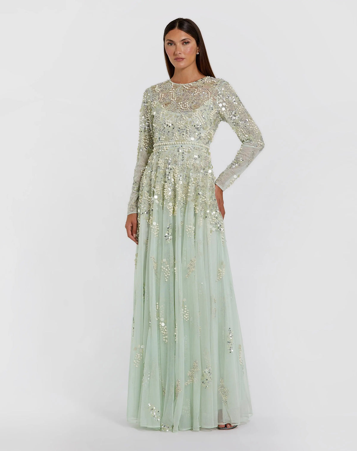 Green Long Sleeve Sequin Pearl Embellished Gown