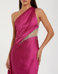 Dark Pink One Shoulder Charmeuse Gown With Beaded Cutout