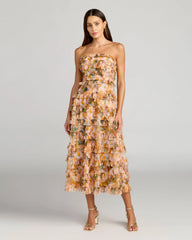 Gold Strapless Floral Micro Ruffle Dress