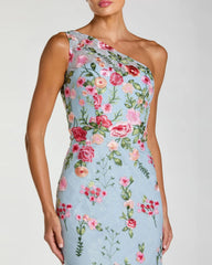 Blue One Shoulder Floral Embroidered Gown