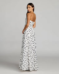 White Polka Dot Strapless Viscose Gown With Slit