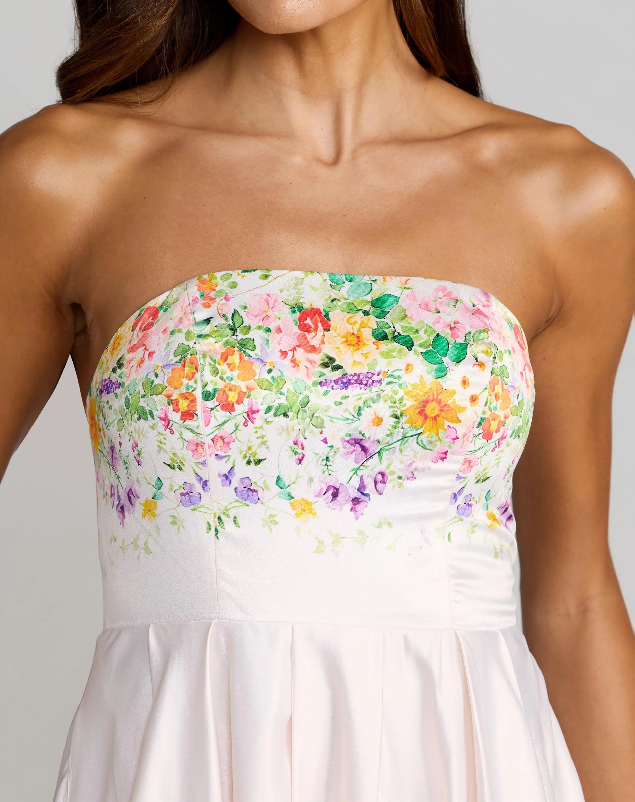 White Floral Print Strapless Satin A Line Gown With Pockets