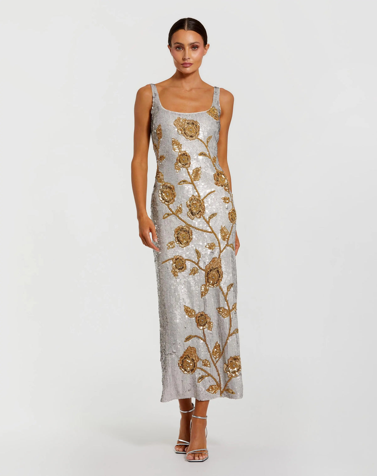 Silver Sleeveless Sequin Dress With Gold Floral Detail