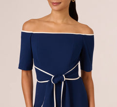 Knit Crepe Off-The-Shoulder Jumpsuit In Navy Sateen Ivory