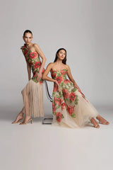 Beige Strapless Floral Embroidered Midi Dress