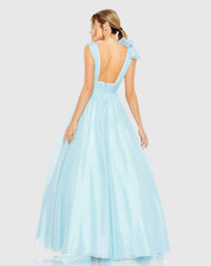 Light Blue Ruffle Shoulder V-Neck Chiffon Gown