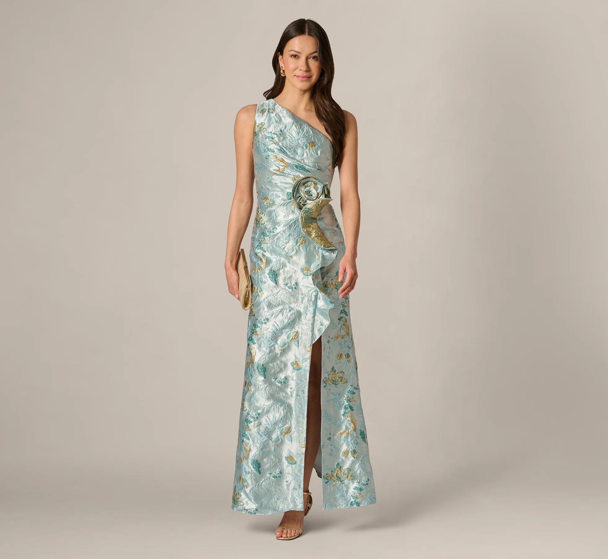 Petite One Shoulder Floral Jacquard Rosette Gown In Blue Multi
