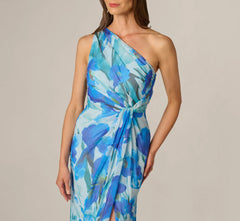 One Shoulder Floral Chiffon Draped Gown In Blue Multi