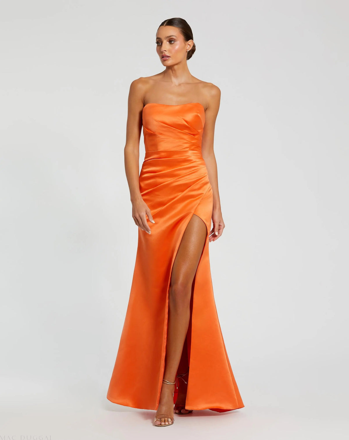 Orange  Strapless Satin Gown With Slit