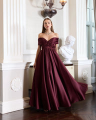 Burgundy Satin Off The Shoulder Twist Evening Ball Gown