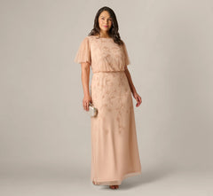 Plus Size Flutter Sleeve Blouson Beaded Gown In Blush