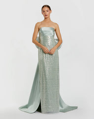 Green Strapless Embellished Gown With Back Bow Detail