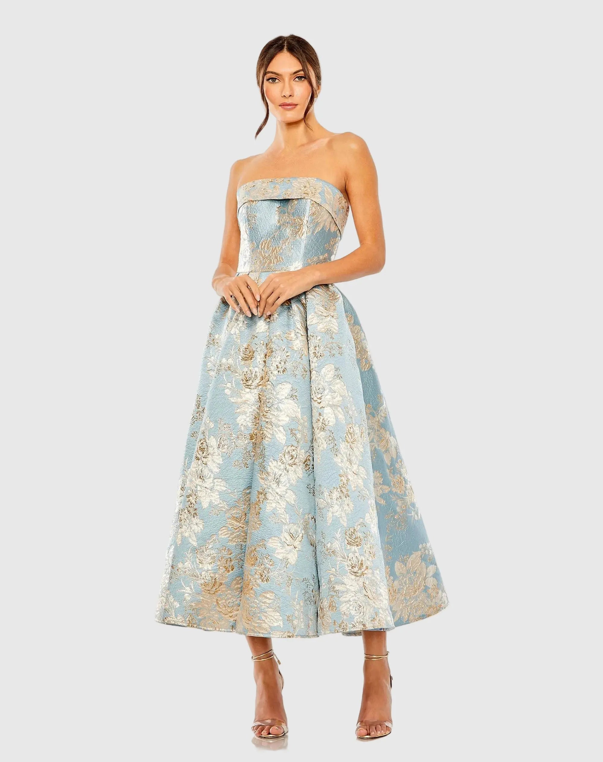 Strapless Brocade Midi Dress with Pockets