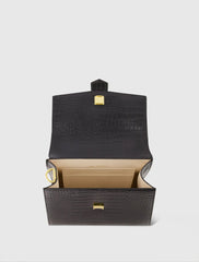 Black Buckled Medium Croco Leather Handbag with Detachable Strap