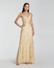 V Neck Flutter Sleeve Floral Embroidered Gown