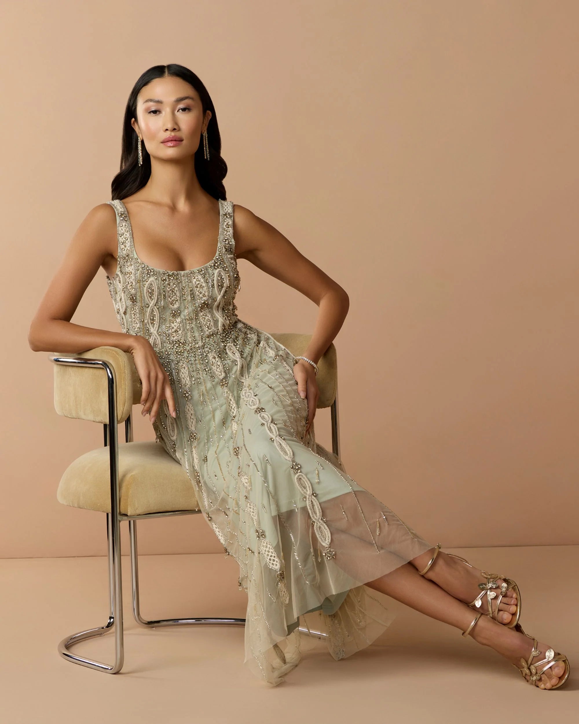 Sleeveless Scoop Neck Embellished Midi Dress