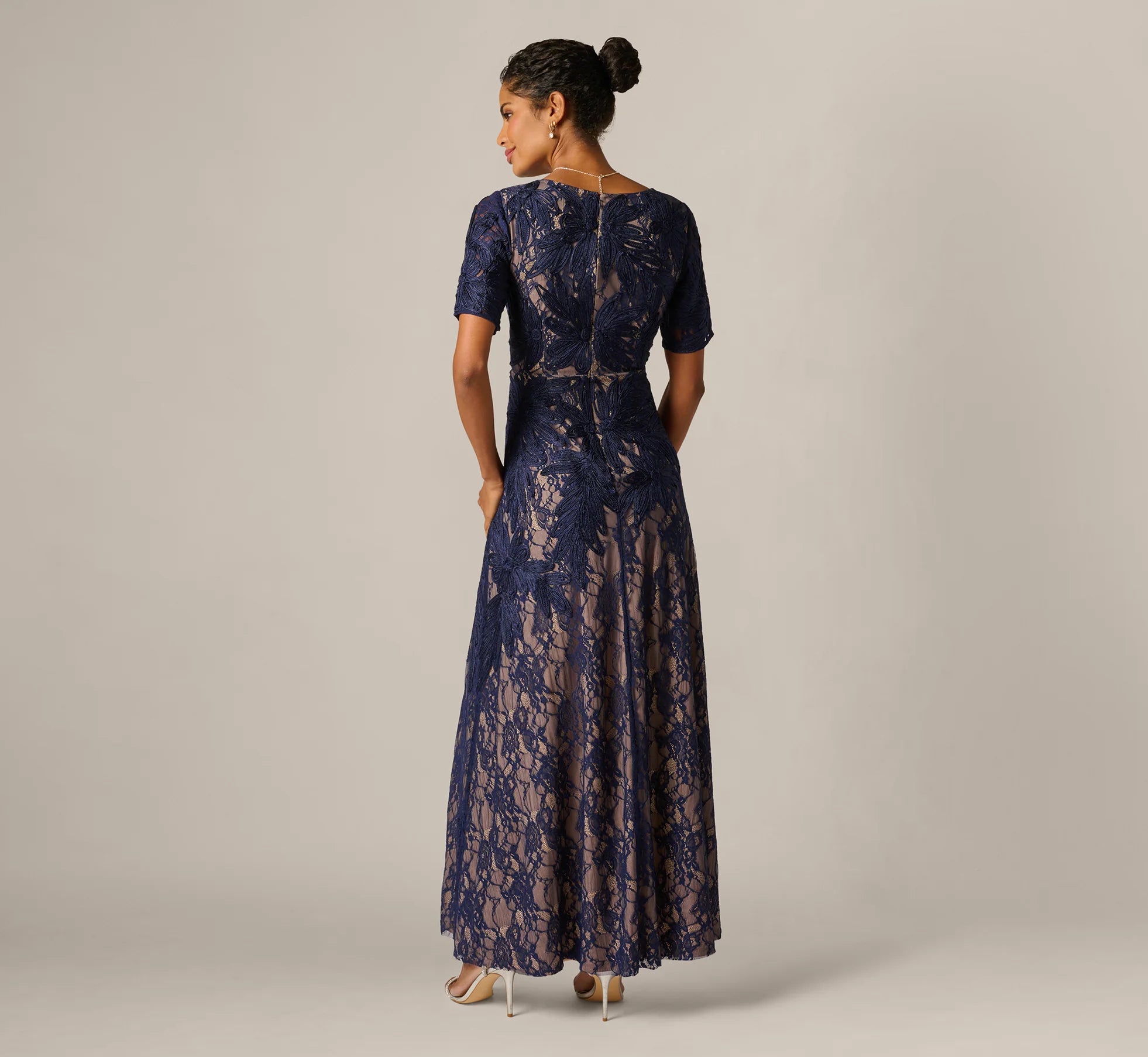 Short Sleeve Lace Soutache Embroidery Gown In Navy Nude