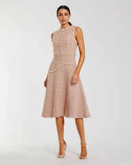 Light Pink Boucle Sleeveless Button Up Midi Dress