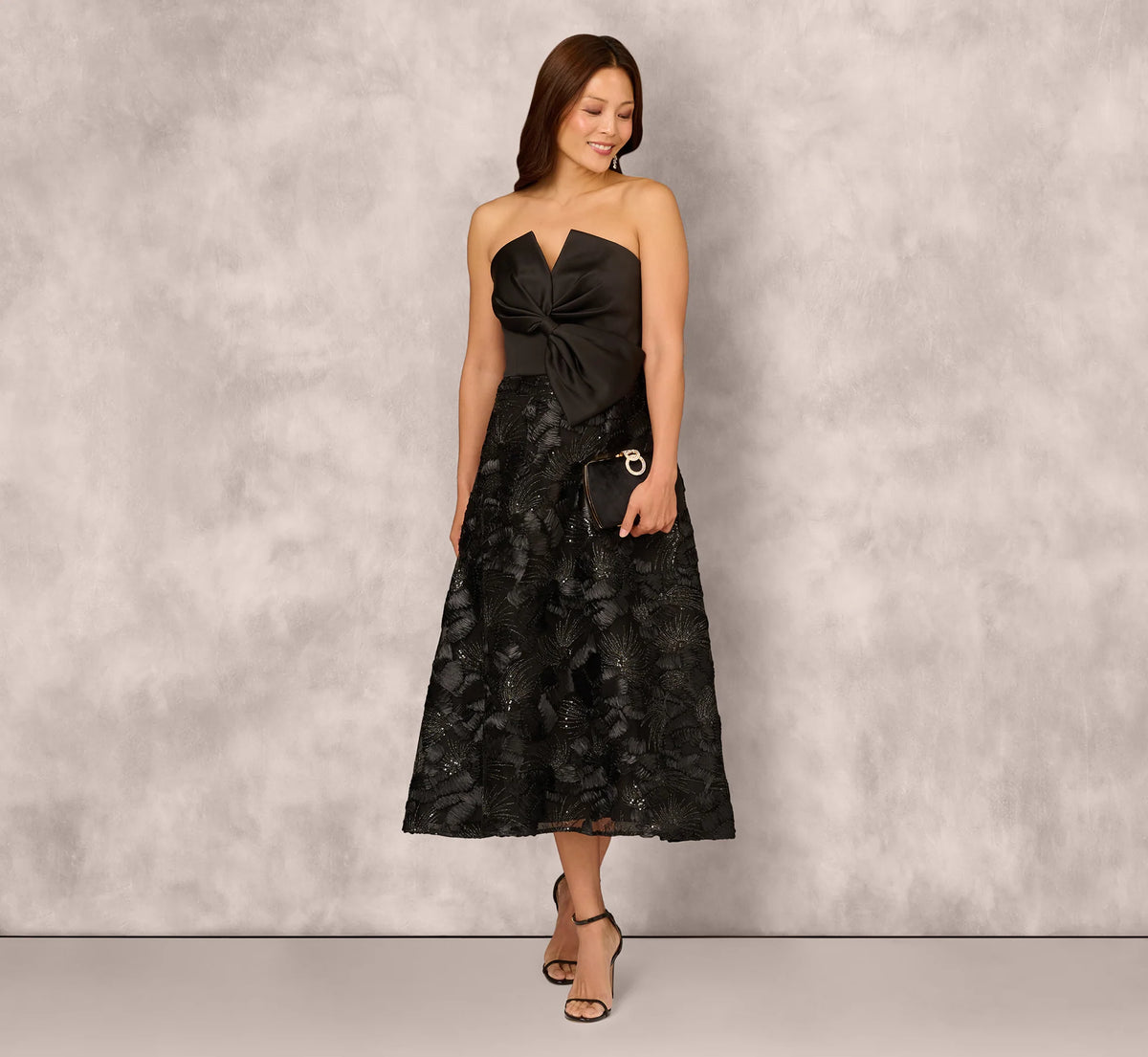 Strapless Satin Beaded Midi Gown In Black