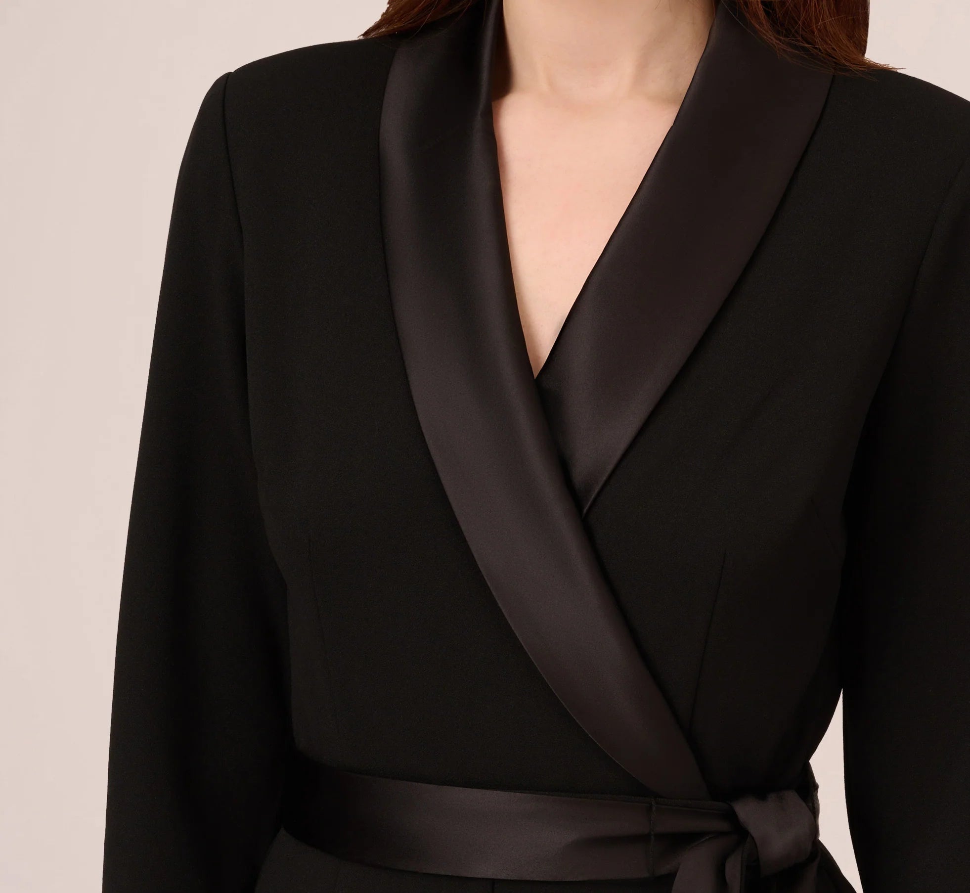 Long Sleeve Crepe Jumpsuit With Tuxedo Collar In Black