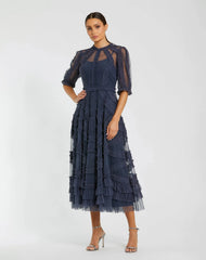 High Neck Micro Ruffle Tiered Midi Dress