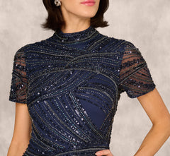 Short Sleeve Beaded Column Gown In Navy