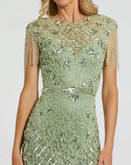 Petite Green High Neck Beaded Fringe Fitted Gown