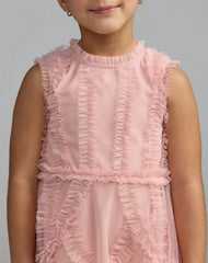 Girls Pink High Neck Sleeveless Micro Ruffle Mini Dress